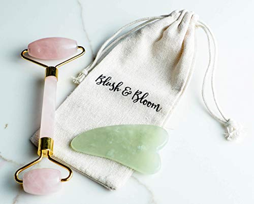 Blush and Bloom Jade Roller for Face and Gua Sha Tool Set - Pink Rose Quartz Roller - Face Massager for Face Lift, Depuffing Eye Bags - Facial Roller for TMJ, Jaw Slimming, Anti-Aging
