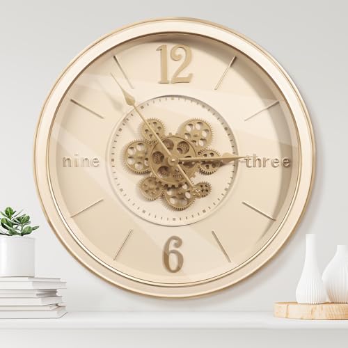 October Elf 24 Inch Wall Clock with Moving Gears Large Industrial Steampunk Metal Clock Antique Gold Oversized Farmhouse Decor Wall Clock for Living Room Home Office (Bronze White with Gold Rim)