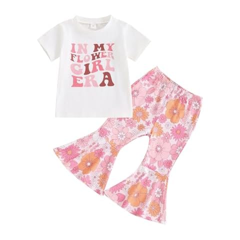 YOKJZJD Toddler Baby Girl Outfits In My Flower Girl Era Floral Short Sleeve T-Shirt Tops Bell Bottom Pants Set Summer Clothes (Pink, 2-3 Years) Cover