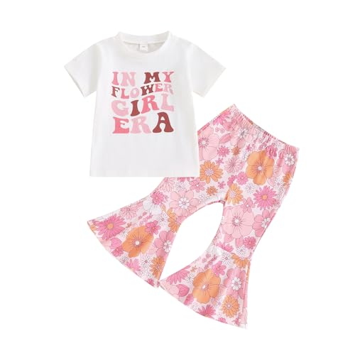YOKJZJD Toddler Baby Girl Outfits In My Flower Girl Era Floral Short Sleeve T-Shirt Tops Bell Bottom Pants Set Summer Clothes (Pink, 2-3 Years)