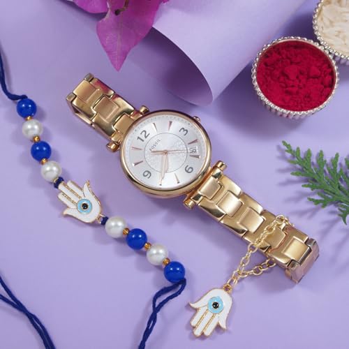 Image of I Jewels Hamsa Enamel Evil Eye Lumba Rakhi Set for Brother and Bhabhi with Roli Chawal and Rakshabandhan Card | Couple Rakhi