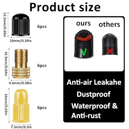 Image of Brass Presta Valve Adaptor (Pack of 6 + 12 Caps), Brass Prestas Valve Adapters and Bike Tire Caps - Convert Presta to Schrader for Bikes, Mountain Bikes, Road Bike and Cars