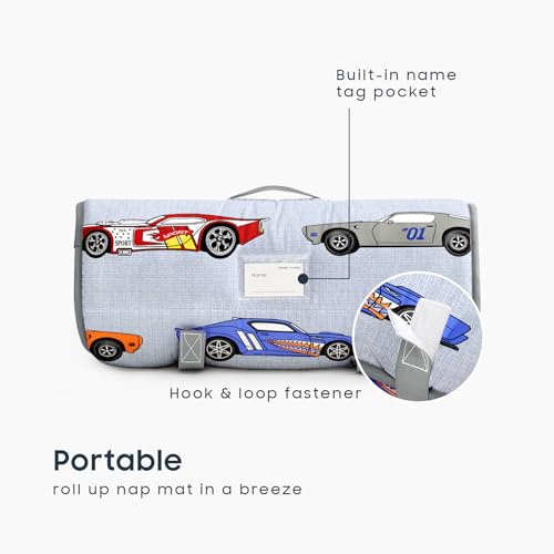 Image of Wake In Cloud - Toddler Nap Mat with Pillow and Blanket, for Kids Boys Ages 3 Plus in Kindergarten Daycare Preschool, Roll Up Sleeping Bag, Race Cars Vehicles