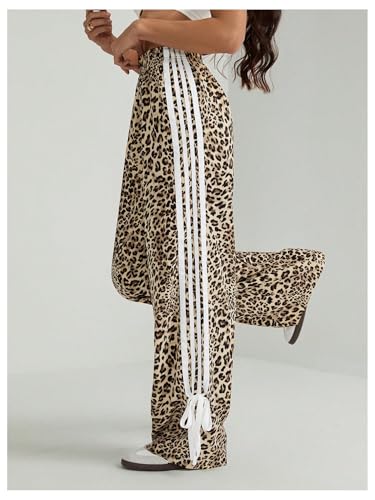 MakeMeChic Women's Leopard Print Striped Pants Bow Side Wide Leg Y2k Trousers4