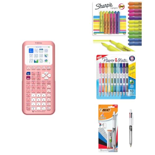 Image of TI-84 Evo Graphing Calculator Pink + Sharpie Tank Highlighters 12 Count + Paper Mate Clearpoint 0.7mm Pencils 10 Count + BIC 4-Color 3+1 Pen 0.7mm Bundle