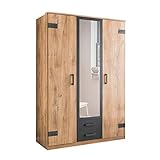 lifestyle4living Kleiderschrank mit Spiegel-Tür, Planken-Eiche Dekor, Graphit-Grau, 135 cm | Drehtürenschrank 3-türig mit 2 Schubladen im Industrial-Stil