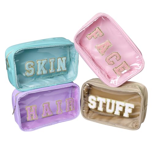 4Pcs Storage Bag for Skin Face Hair Stuff with Chenille Letter,Transparent PVC,Waterproof Nylon,Cosmetic Bag Makeup Pouch with Zipper(Light Green, Purple, Pink, Khaki)