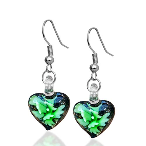 Murano Inspired Glass Heart and Flowers Earrings by BESHEEK ?Clear and Green Handmade Italian Style Hand Blown Lampwork - Hypoallergenic Earrings with Surgical Steel French Ear Hooks