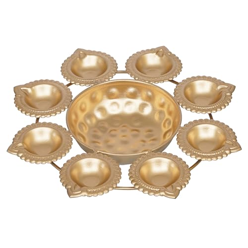 Image of eCraftIndia Golden Metal Handcrafted Decorative Urli with 8 Diyas | Urli Bowl for Home Decor | Urli for Floating Flowers | Diwali Decoration Items for Home Decor | Housewarming Diwali Gift