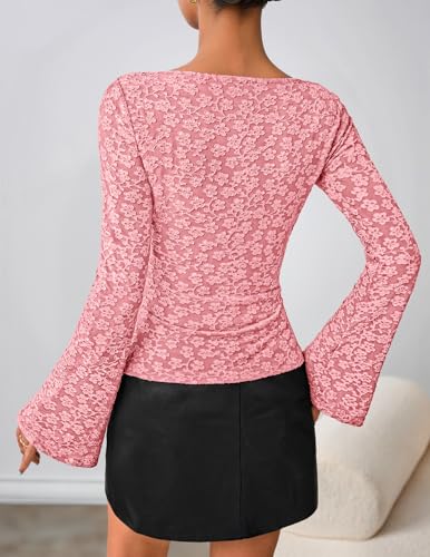 MEROKEETY Women's Bell Long Sleeve Shirts 2025 Fall Floral Going Out Tops Slim Fit Y2k Clothes Outifts3