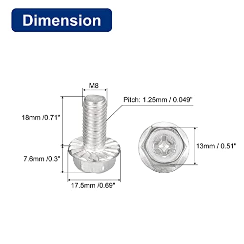 Image of uxcell M8x18mm Phillips Hex Head Flange Bolts, 5pcs 304 Stainless Steel Hexagon Phillips Flange Head Hex Bolts Machine Screws