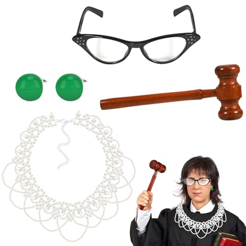 XEPST Judge Costume Set for Women - 4PCS Judge Costume Accessories Set with False Collar Necklace Gavel Glasses Green Earrings for Halloween Cosplay Carnival Fancy Dress Up