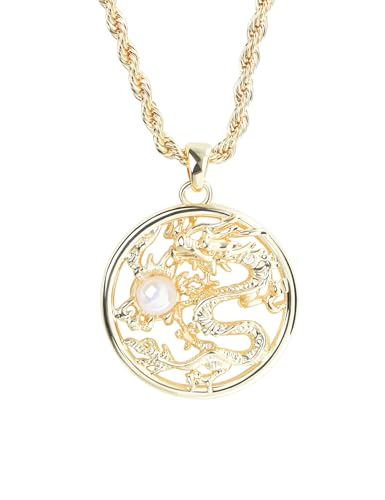 VVCome Crystal Dragon Tiger Leopard Head Necklace Pendant Hip Hop Stainless Steel 24inch Rope Chain for Men Women (Gold Dragon)