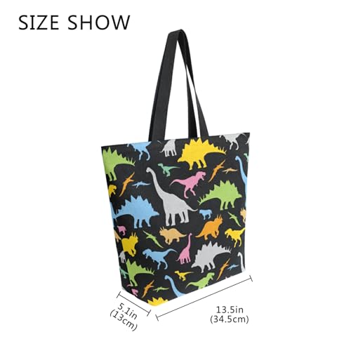 Image of Colorful Dinosaur Canvas Tote Grocery Bag Shoulder Casual Book Bag Large for Women Teachers, Animal Cotton Bag Shopping Purse Handbag Reusable Multipurpose Use