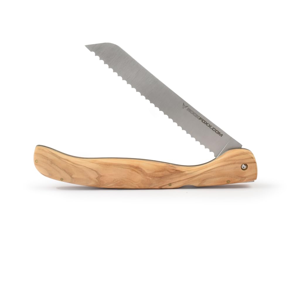 FOXXKNIFE Klappmesser Brotmesser Taschenmesser groß 18,5cm Klinge, ohne Lasergravur, Olivenholzgriff, scharfer Wellenschliff, Ideal für Camping, Offroad, Abenteurer im Wohnmobil, Inkl. Hardbox