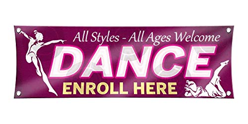 DANCE ALL STYLES ALL AGES Banner (1ft X 3ft) Pink School Sign Enroll Here Display Classes Dancing Poster