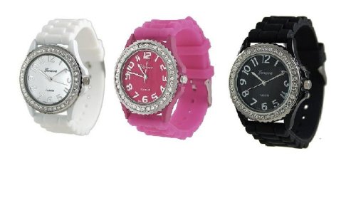 White Black Fuchsia Pink 3 Pack Geneva Crystal Rhinestone Large Face Watch with Silicone Jelly Link Band