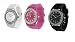 White Black Fuchsia Pink 3 Pack Geneva Crystal Rhinestone Large Face Watch with Silicone Jelly Link Band