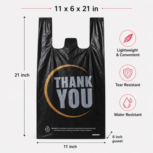 Image of YoYoRain Black Thank you T shirt bag, Grocery shopping bag Reusable and Disposable Supermarket Bag 11''x6''x21'' 300PCS