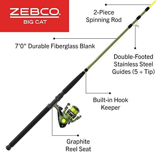 Zebco Big Cat Spinning Reel and Fishing Rod Combo, 7-Foot 2-Piece Fishing Pole, Multi-Layered Drag Stack, Pre-Spooled with 25-Pound Hi-Vis Zebco Line, Size 60 Reel, Forest Green
