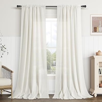 Guken Natural Linen Curtains 90 Inch Length for Living Room Bedroom 2 Panels Set Rod Pocket Light Filtering Semi Sheer Window Curtains 52 Inch Width Boho Farmhouse Linen Drapes Cream Ivory, W52xL90
