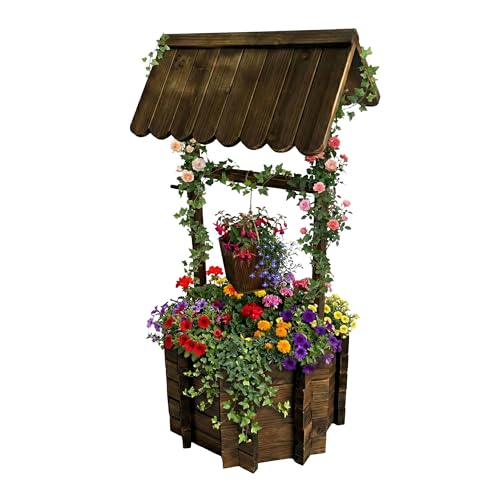 Relaxdays Zierbrunnen, bepflanzbarer Dekobrunnen, Gartendeko, Eimer & Kurbel, HBT 114 x 56 x 56 cm, Holzbrunnen, braun
