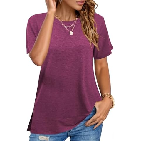 JomeDesign Shirts for Women Trendy Summer Short Sleeve Loose Casual Tunic Side Split Red Cover