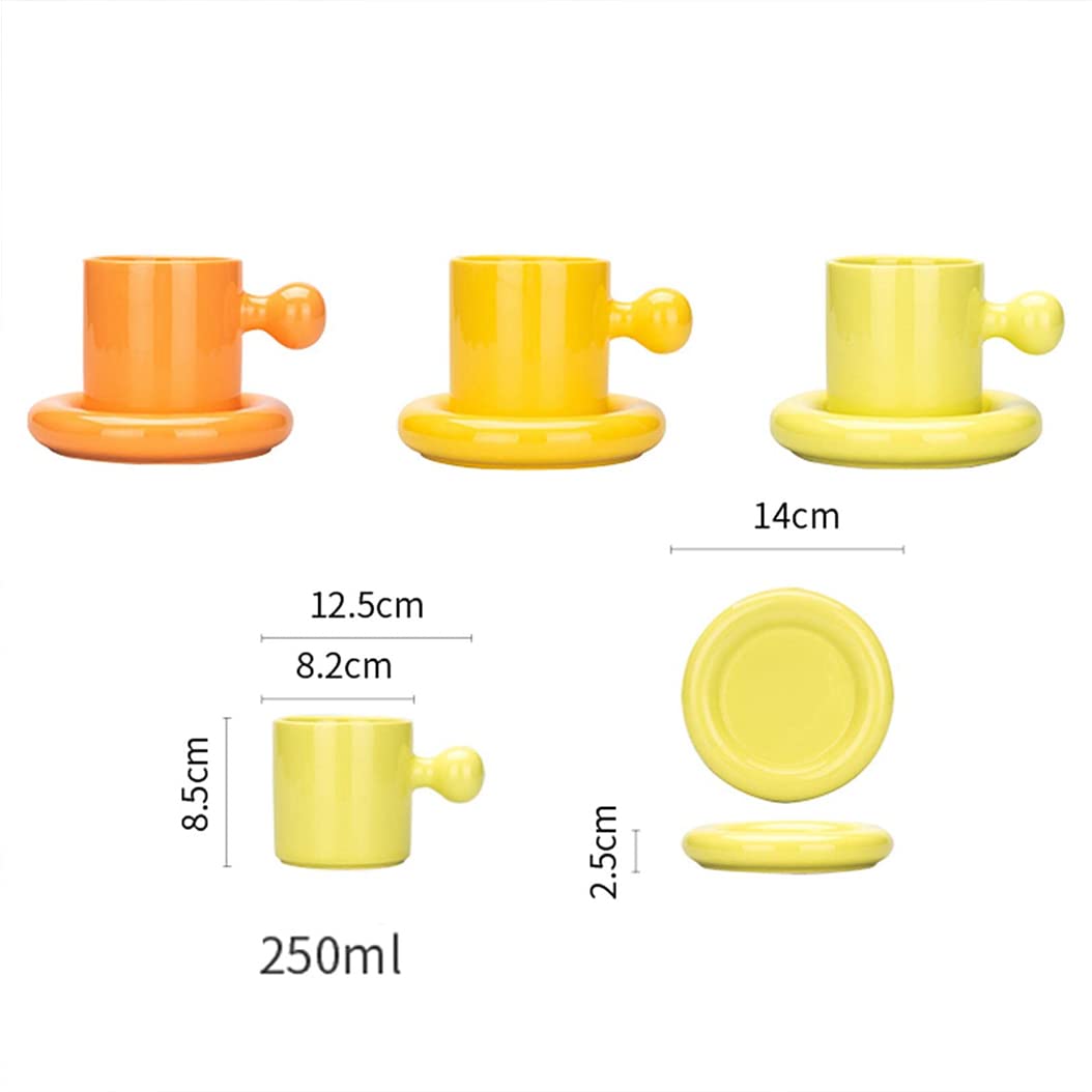 Urocze ceramiczne kubki do kawy ze spodkiem, ręcznie robiony kubek ceramiczny, nowoczesne wielokolorowe kubki idealne do herbaty, kawy, cappuccino i innych napojów, zmywarki i kuchenki mikrofalowej, rozmiar S, żółty