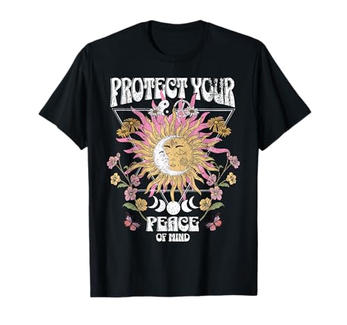 Protect Your Peace Celestial Sun Moon Retro Mental Health T-Shirt
