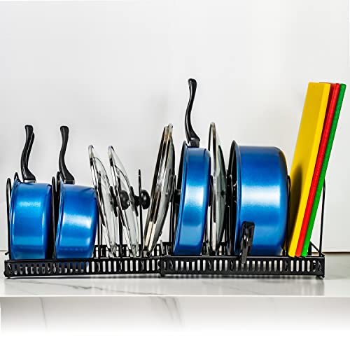 Kleverise 10 Dividers Expandable Pot Pan Organizer Rack Storage Under Cabinet– Heavy Duty Cast Iron Adjustable Diy Pot Pan Rack - Space Saving Pot Pan Lid Holders #TOP5
