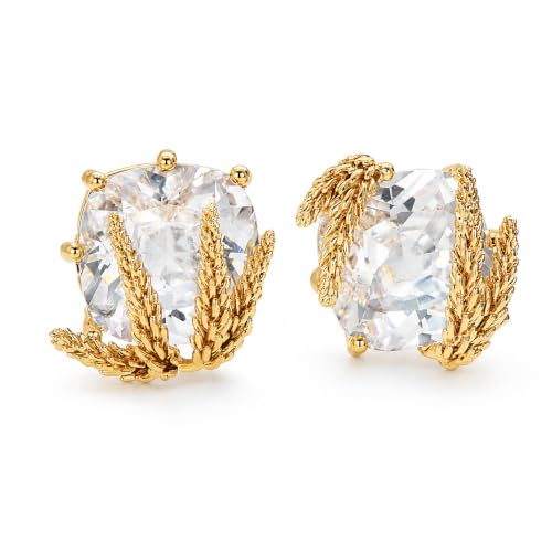 Gold CZ Stud Earrings, Cushion Cut Statement Crystal Earrings for Women