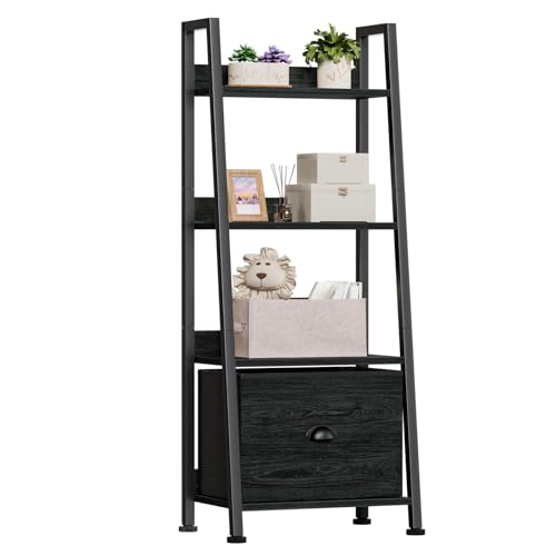 Image of Furologee 4-Tier Ladder Shelf, Ladder Bookshelf with Removable Drawer, Bookcase Storage Rack Organizer, Freestanding Storage Shelves for Living Room, Home Office, Bedroom, Black Oak