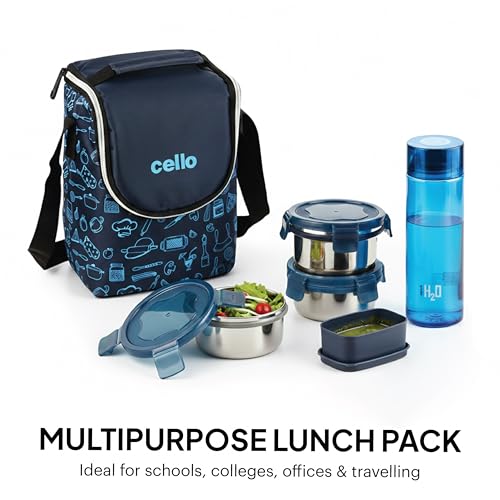 Image of CELLO Complete Meal Lunch Box Set with Jacket for Office Use Blue | 3 x 300ml Steel Container, 1 x 130ml Pickle Container, 500ml Water Bottle with Spoon & Fork | Airtight Tiffin Box Set for Daily Use