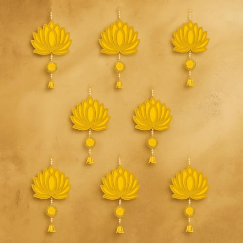Image of ARLICORPING Wooden Lotus Wall Hanging for Festive Decoration - Diwali, Ganpati, Pooja Room, Mandir, Living Room, Door, Hall, Entrance, Spiritual Decor (Lotus + Bell-Yellow, Pack of 2)