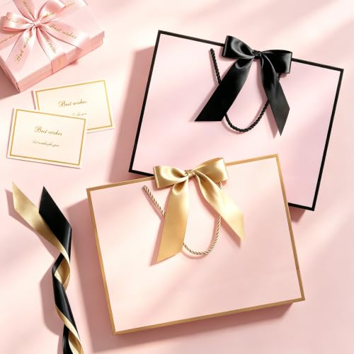 Image of JMANNI Gift Bags with Handles, 13 inch Medium Gift Bag for Presents, 4 Pcs Bags with 8 Tissue Paper and 4 Cards for Graduation Baby Shower Wedding Fathers Day Mother's Day Birthday Party(pink black)