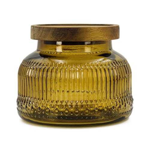 Tarro decorativo de vidrio ámbar con tapa de madera hermética, 26.4 onzas, boca ancha, recipientes de almacenamiento de alimentos de cocina vintage para galletas, caramelos, miel, harina, especias