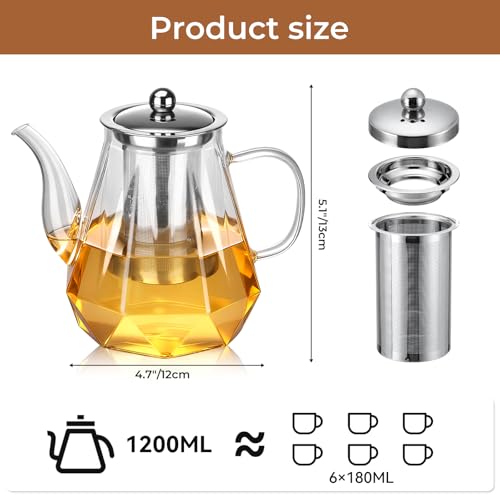 Esilihom 1200ml Glass Teapot with Infuser, Borosilicate Teapot for Loose Tea, Heat-Resistant and Stovetop Safe - Image 7