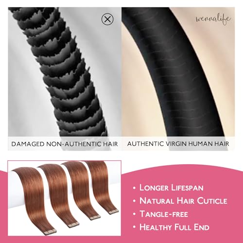 Image of WENNALIFE Tape in Hair Extensions Human Hair Cinnamon Copper Tape in Extensions, 10pcs 30g 26 inch Remy Invisible Tape Ins Straight Colored Soft Real Human Hair Tape in Extensions Refill Set Extens
