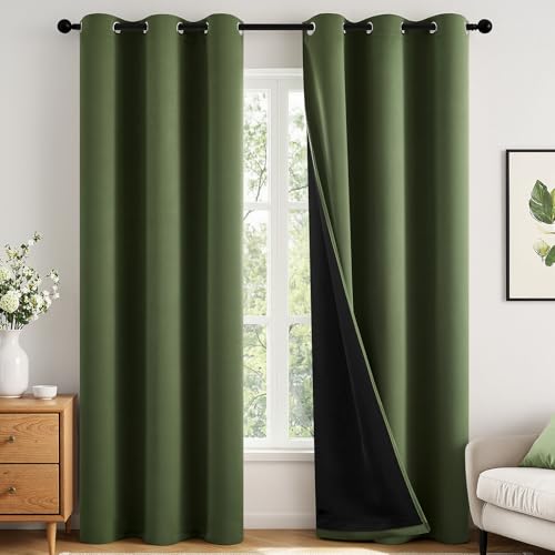 Image of MIULEE Olive Green 100% Blackout Curtains for Bedroom 90 Inch Long | 2 Thick Layers Thermal Insulated Window Curtains with Black Liner, Noise Reducing Grommet,Drapes for Living Room, 2 Panels