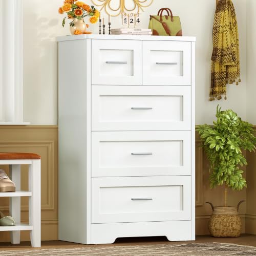 Image of TEENFON Tall White Dresser for Bedroom, Modern 5 Drawer Dresser with Metal Handles, Wood Dressers & Chest of Drawers, Wooden Closet Clothes Storage Organizer for Bedroom, Living Room, Hallway, White