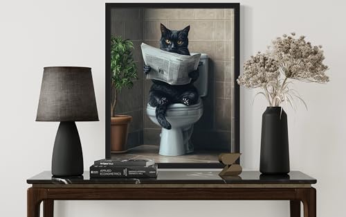 Image of Cat Black on Toilet Wall Art Print Poster, Dog Bathroom Humor Decor Posters Prints for Restroom Home Picture Painting Artwork Gallery 7 (Cat Black, 14 inchL x 11 inchW, Black Frame)