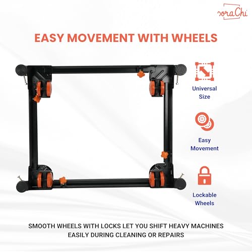 Image of SoraChi Adjustable Iron Washing Machine Stand with Wheels | Elevates Appliances to Prevent Water Damage & Reduce Vibrations | Universal Fit for Washers & Refrigerators (Black Orange)