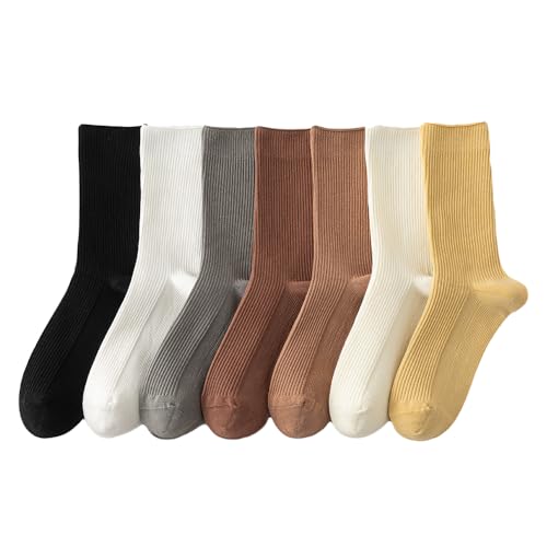 Image of 7 Pairs of Comfortable Cotton Cute Crew Solid Color Socks for Women, Long Socks Socks for Girls, Shoe Size 5-9
