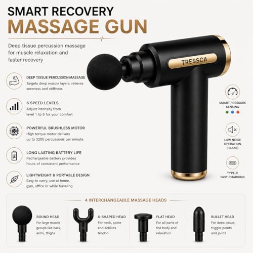Image of Smart Recovery Massage Gun for Deep Tissue Muscle Relaxation & Post Workout Recovery | Portable Percussion Massager with 4 Massage Heads & Multiple Speed Levels