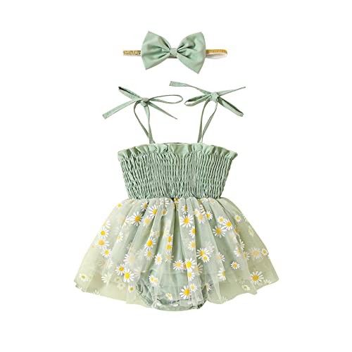 FYBITBO Newborn Baby Girl Summer Romper Dress Daisy Sleeveless Strap Rompers Tulle Bodysuit Jumpsuit with Headband Set (Green Daisy, 12-18 Months)