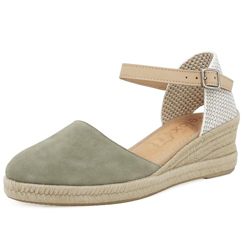 JOMIX Sandalias Mujer Verano con Cuña Espartos Fabricadas en España Alpargatas Altas con Hebilla Ajustable ES2506, Verde, 38 EU