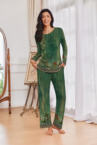 Ekouaer Womens Pajama Sets Pleated Tops with Long Pants Lounge Set Long Sleeve Fall Sleepwear Ladies Pjs S-XXL4