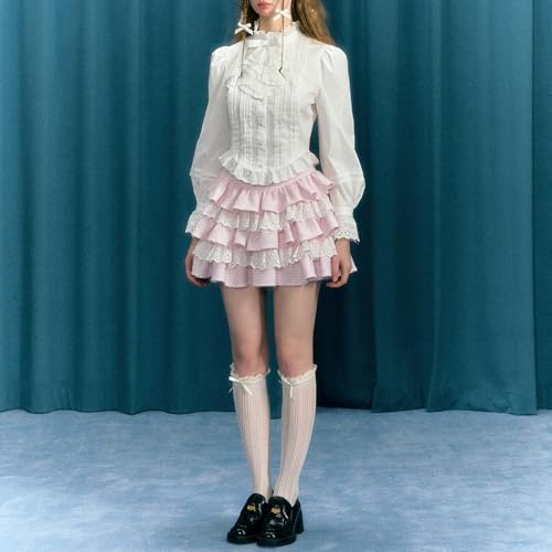 Lolita Kawaii Skirt Women Teen Girl Sweet Cute Ruffle Layered Mini Skirt Y2K High Waist Lace Cake Skirts4