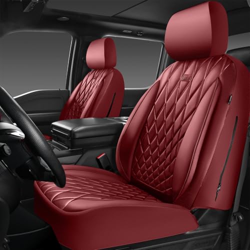 Image of CAR PASS Piping Luxury Faux PU Leather Two Front Car Seat Covers, Waterproof Anti Slip Premium Automotive Seat Covers,Universal Fit for Suvs,Vans,Trucks, Armrest Airbag Compatible, Burgundy Red