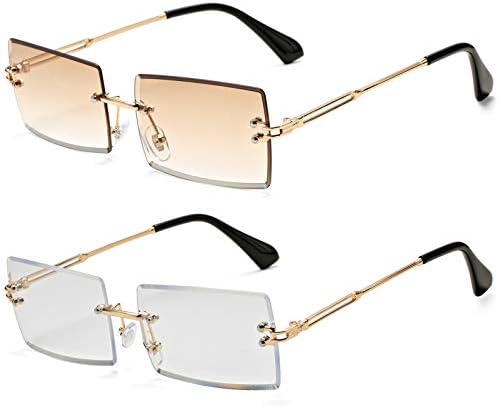 SCVGVER Fashion Rimless Rectangle Sunglasses for Women Men Square Transparent Rectangle UV400 Eyewear (Brown + Transparent)…